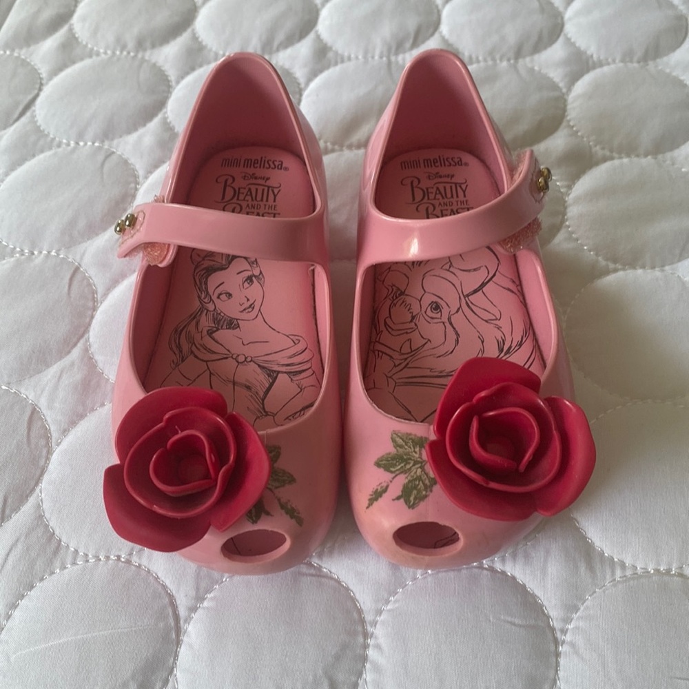Size 7 toddler beauty and the beast themed mini Melissa’s